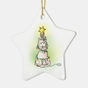 Christmas Tree Cat and Mouse with Shiny Star Ceramic Ornament