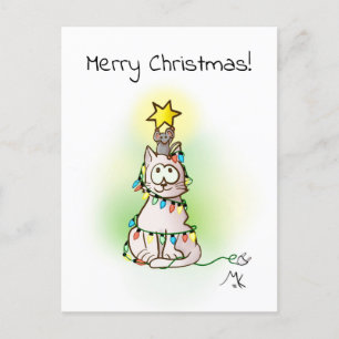 Christmas Tree Cat and Mouse with Shiny Star Holiday Postcard