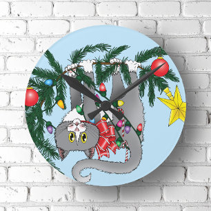 Christmas Tree Cat Round Clock