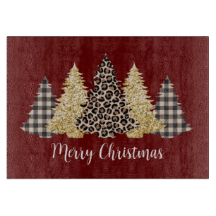 Christmas Tree Cheetah Print Buffalo Plaid Glitter Cutting Board