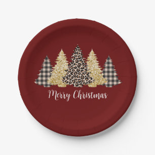Christmas Tree Cheetah Print Buffalo Plaid Glitter Paper Plate