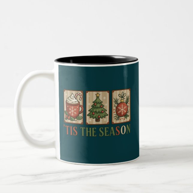 Christmas Tree Cocoa Retro Holiday Tis The Season  Two-Tone Coffee Mug (Left)