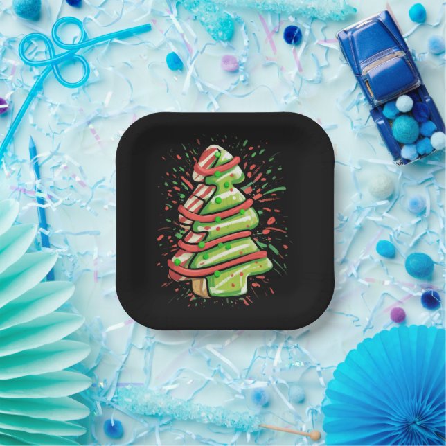 Christmas Tree Cookie Brushstroke Splatter Preppy  Paper Plate (Party)