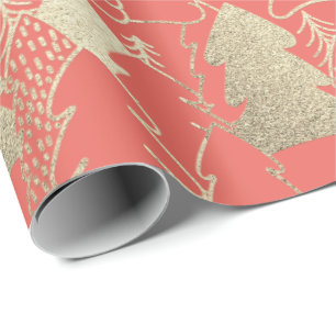 Christmas Tree Coral Candy Gold Fancy Glitter Wood Wrapping Paper