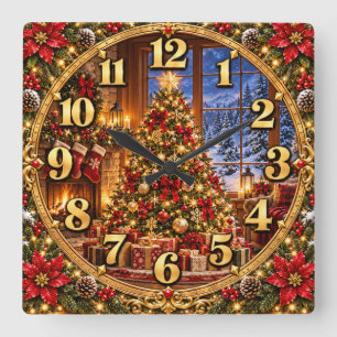 Christmas Tree Cozy Holiday Cabin Square Wall Clock