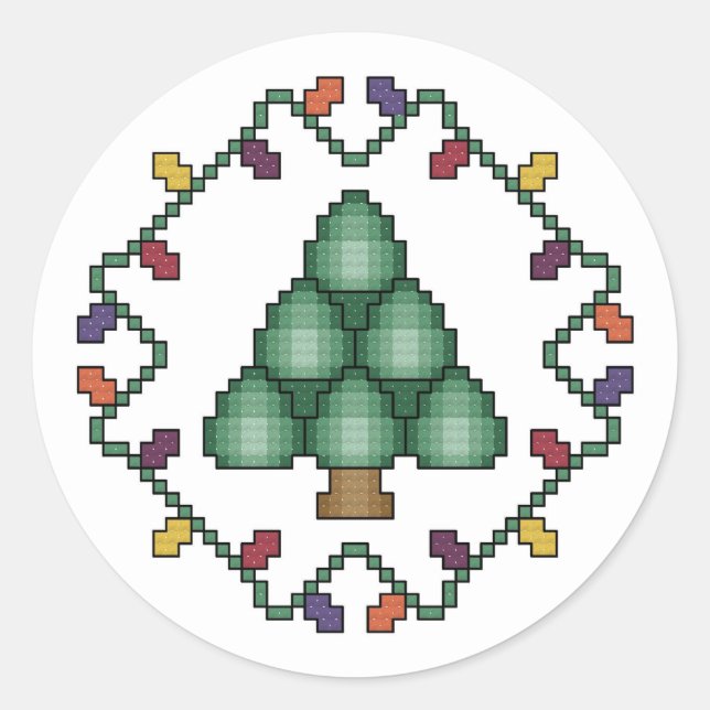 Christmas Tree Cross Stitch Classic Round Sticker (Front)