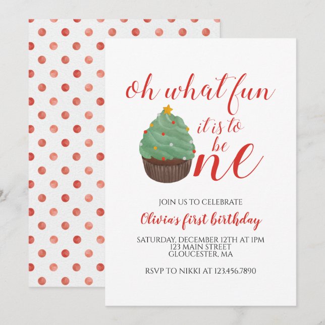 Christmas Tree Cupcake First Birthday Invitation (Front/Back)