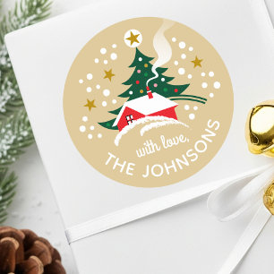Christmas Tree Custom Name Snow Vintage Gold Classic Round Sticker