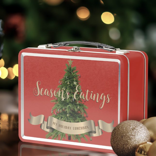 Christmas Tree Custom Season's Eatings Holiday Metal Lunch Box (Fun and festive lunch box for all your holiday snacks. Just add your name!)