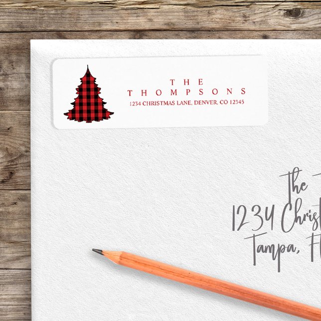 Christmas Tree Cute Buffalo Plaid Simple  (Christmas holiday return address label with cute buffalo plaid tree. )