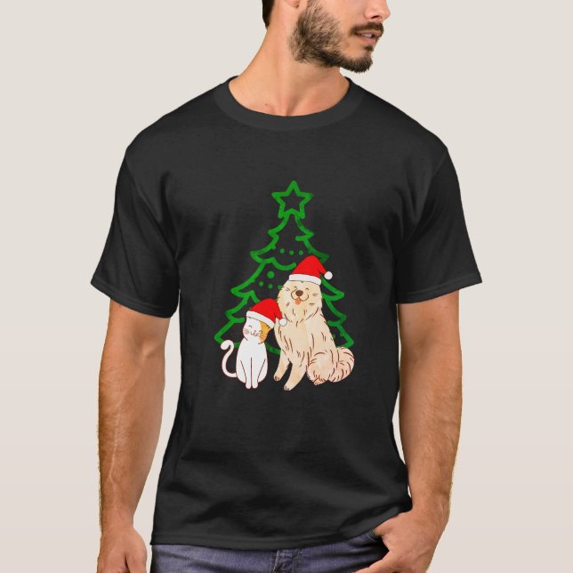 Christmas Tree Cute Cat & Dog Smile Classic  T-Shirt (Front)