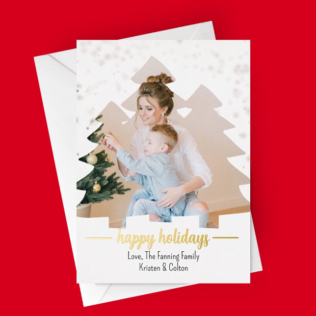 Christmas Tree Cutout Photo Foil Holiday Card (Christmas Tree Cut Out - Happy Holidays Photo Card - Real Gold Foil)