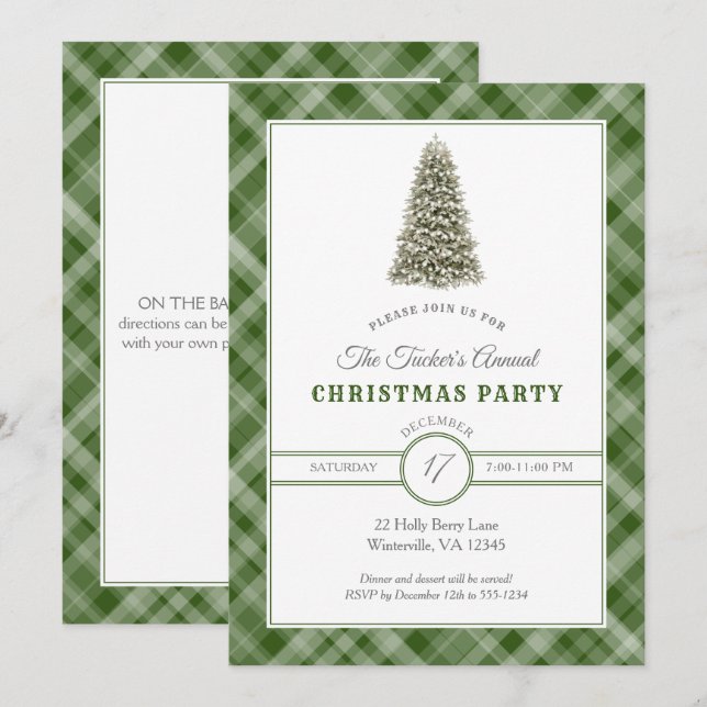 Christmas Tree Dark Green Plaid Christmas Party Invitation (Front/Back)