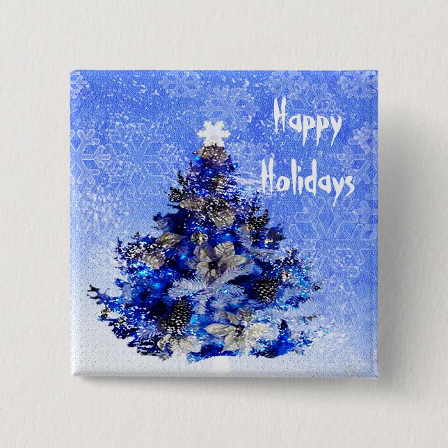 Christmas tree decorated in blue 2 inch square button (Front)