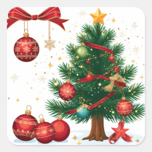 Christmas Tree Decorated With Red Ornaments Square Sticker