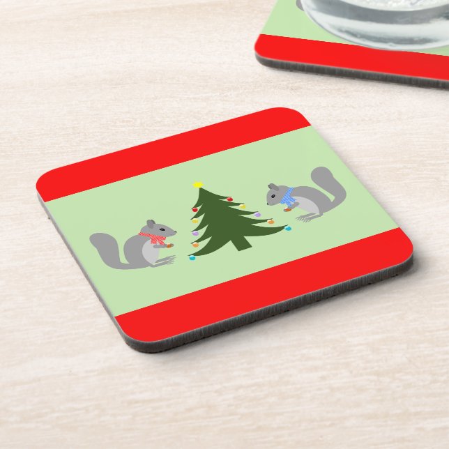 Christmas Tree Decorating Squirrels Coaster (Left Side)
