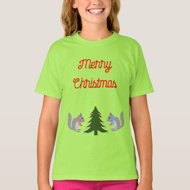 Christmas Tree Decorating Squirrels Custom T-Shirt (Front)