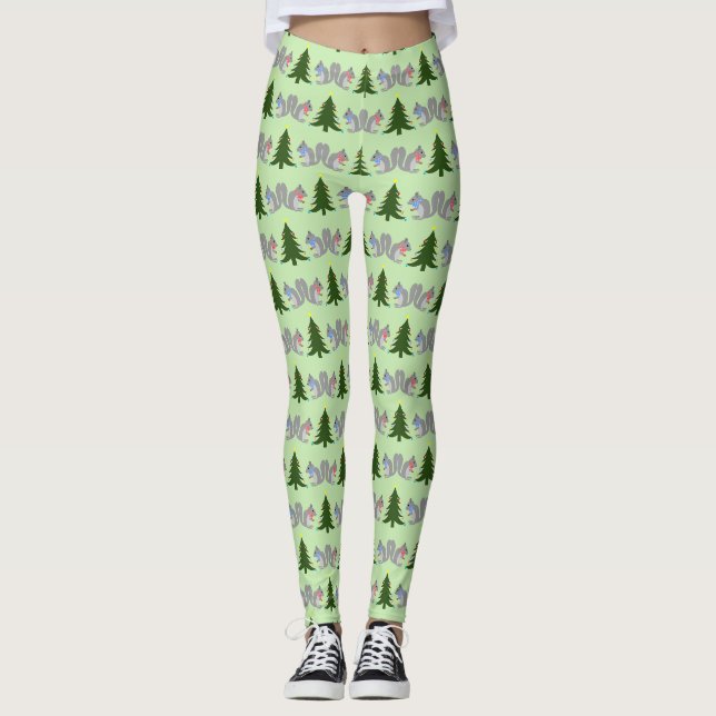 Christmas Tree Decorating Squirrels Patterned Leggings (Front)