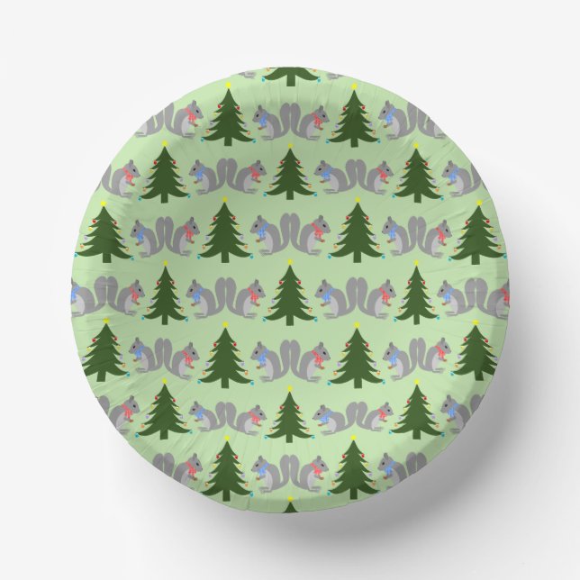 Christmas Tree Decorating Squirrels Patterned Paper Plate (Front)