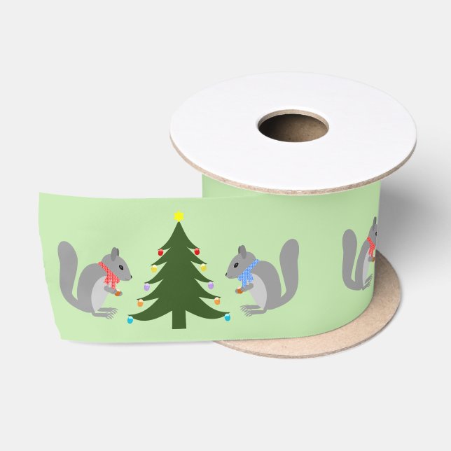 Christmas Tree Decorating Squirrels Patterned Satin Ribbon (Spool)