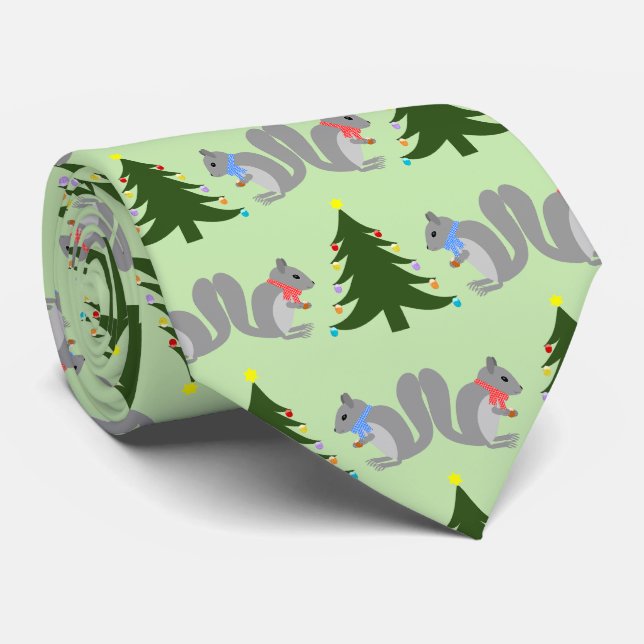 Christmas Tree Decorating Squirrels Patterned Tie (Rolled)