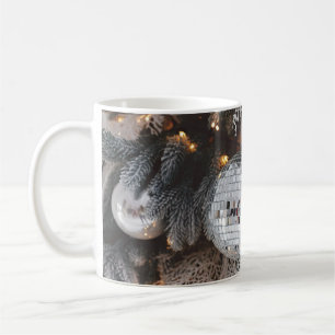 Christmas tree decorations, festive light backgrou coffee mug