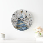 Christmas Tree Delight Large Clock<br><div class="desc">A beautifully designed clock adorned with a shimmering blue Christmas tree, delicate golden accents, and a whimsical reindeer. Set against a marbled background, this festive décor captures the spirit of the holiday season, evoking joy and cheer.</div>