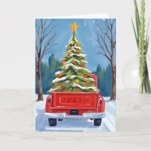 Christmas Tree Delivery Red Truck Watercolor Holiday Card