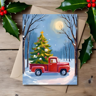 Christmas Tree Delivery Red Truck Watercolor Holiday Card