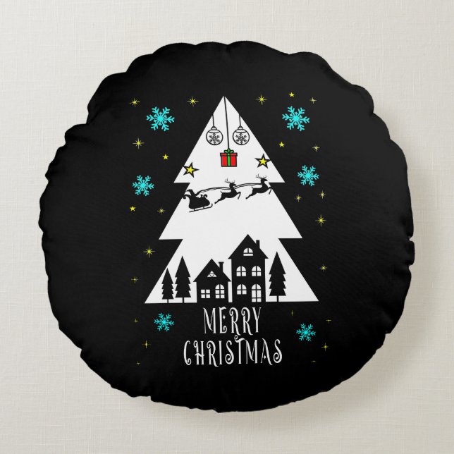 Christmas tree design with sleigh black round pillow (Front)