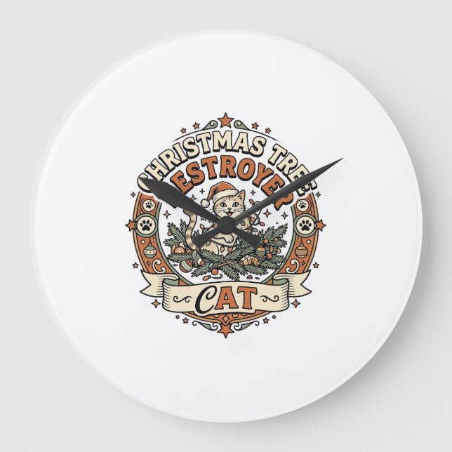 Christmas Tree Destroyer Cat Christmas Tree Destro Large Clock (Front)
