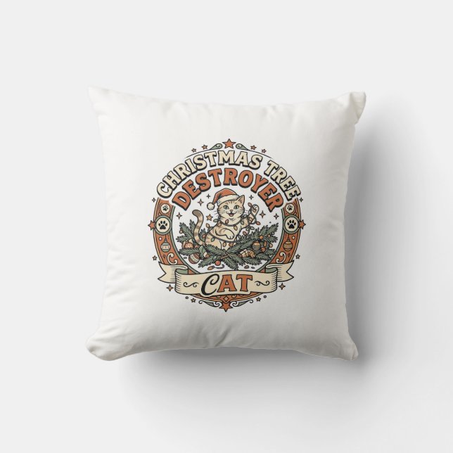 Christmas Tree Destroyer Cat Christmas Tree Destro Throw Pillow (Front)
