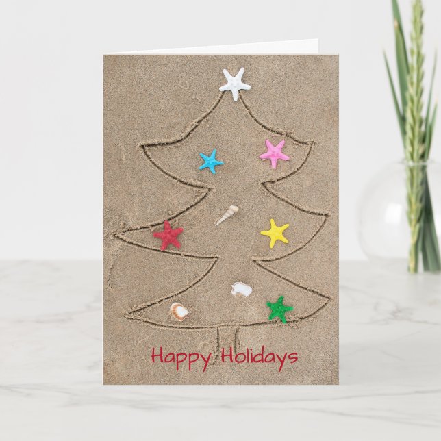Christmas tree drawing in beach sand card (Front)