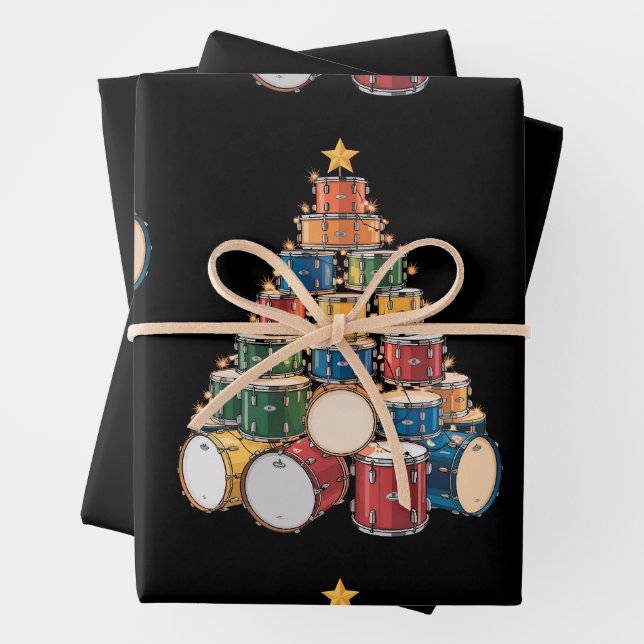 Christmas Tree Drummer Music Holiday Drum Band Wrapping Paper Sheet (In situ)