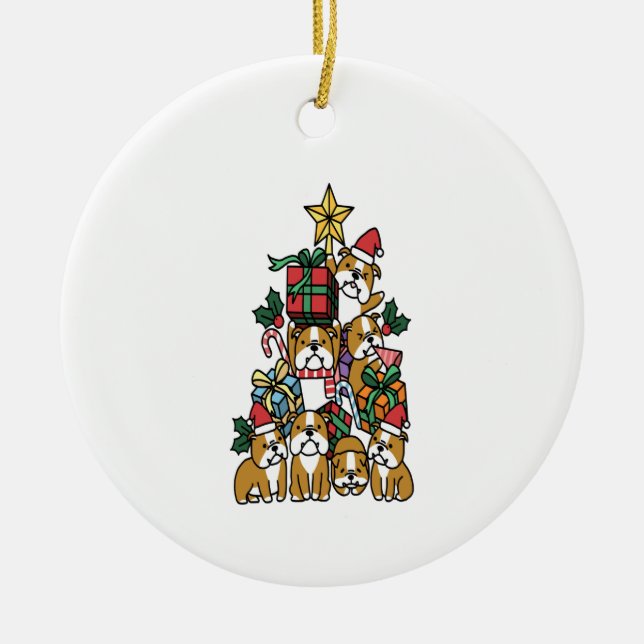 Christmas Tree English Bulldog Dog Long Sleeve Ceramic Ornament (Front)