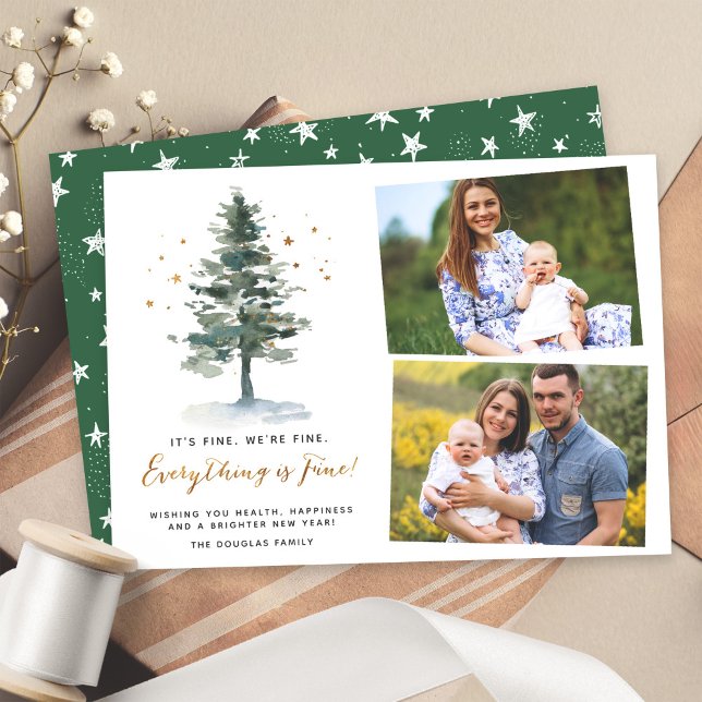 Christmas Tree Everything is Fine Script Photo Holiday Card (Creator Uploaded)