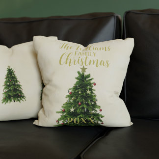 Christmas Tree Family Name Double Sided Holiday Throw Pillow