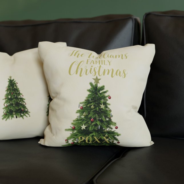 Christmas Tree Family Name Double Sided Holiday Throw Pillow (Add your family name and year to this festive Christmas tree throw pillow)