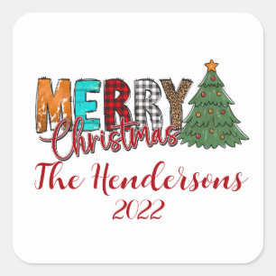 Christmas Tree Family Name Square Sticker