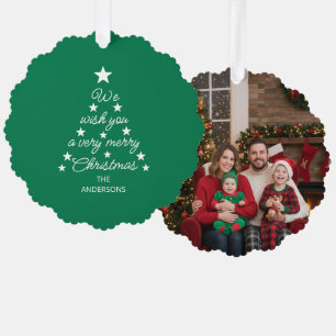 Christmas Tree Family Photo Typography Stars Green Ornament Card