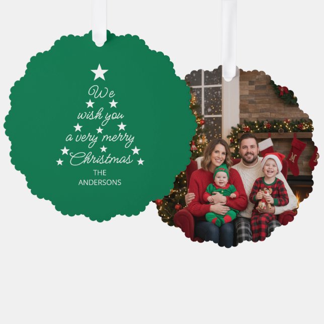 Christmas Tree Family Photo Typography Stars Green Ornament Card (Front/Back)