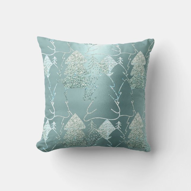 Christmas Tree Fancy Glitter Ice Blue Aqua Grey Throw Pillow (Front)