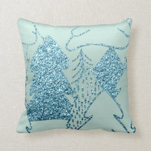 Christmas Tree Fancy Glitter Ocean Blue Burgundy Throw Pillow