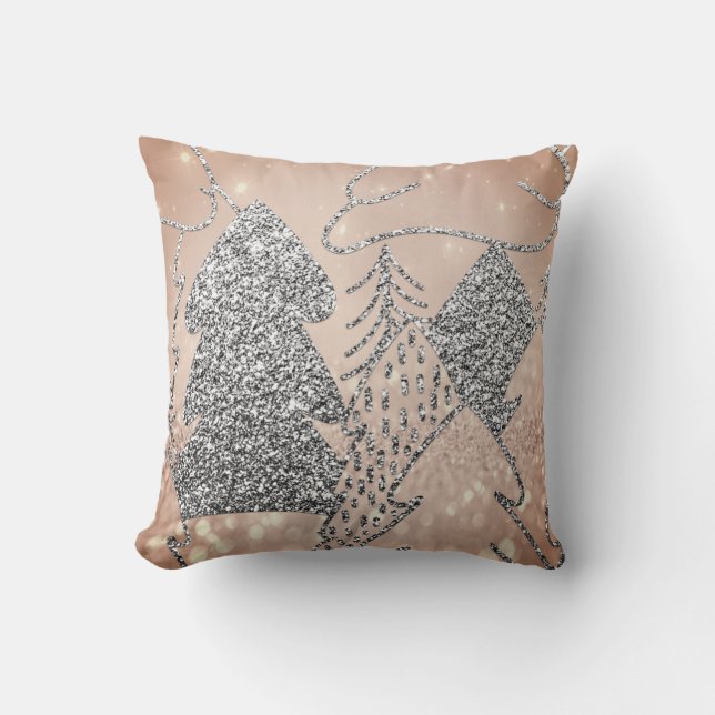 Christmas Tree Fancy Glitter Rose Gold Grey Winter Throw Pillow (Front)