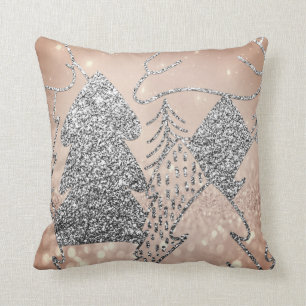 Christmas Tree Fancy Glitter Rose Gold Grey Winter Throw Pillow