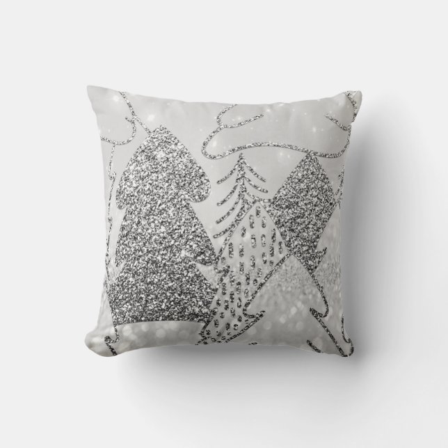 Christmas Tree Fancy Glitter Silver Grey Winter Throw Pillow (Front)