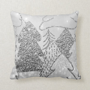 Christmas Tree Fancy Glitter Silver Grey Winter Throw Pillow