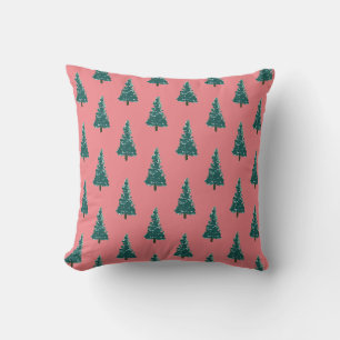 Christmas Tree Farm Illustration Holiday Pink Throw Pillow