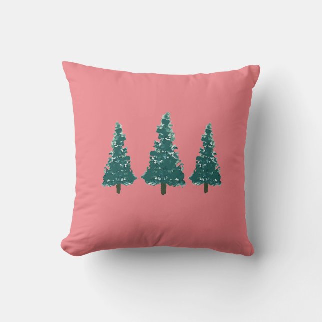 Christmas Tree Farm Illustration Holiday Pink Throw Pillow (Front)
