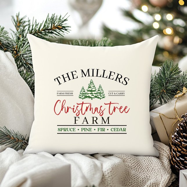 Christmas Tree Farm  Throw Pillow (Christmas Tree Farm Throw Pillow with Custom Family Name)
